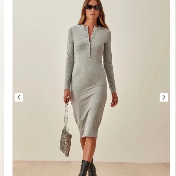 Reformation Jeans Stein Dress Heather Grey Midi Long Sleeve Size Medium - Picture 1 of 6